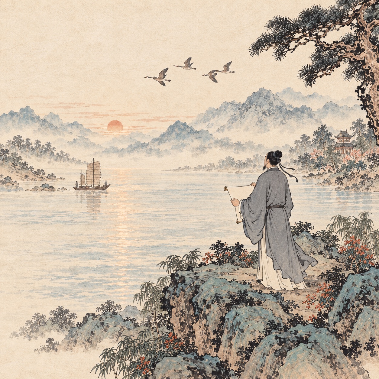 古代诗人持卷望向江海与帆船
