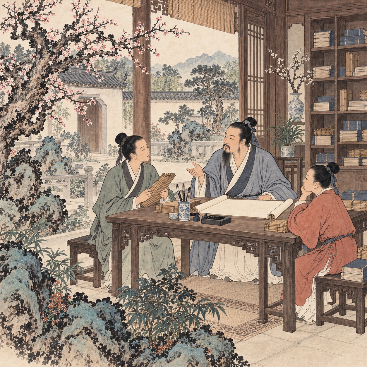 古代书院里师生围桌读书讨论