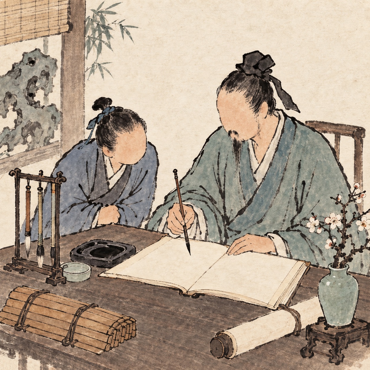 古人执笔细看书卷，身旁放着笔墨与竹简