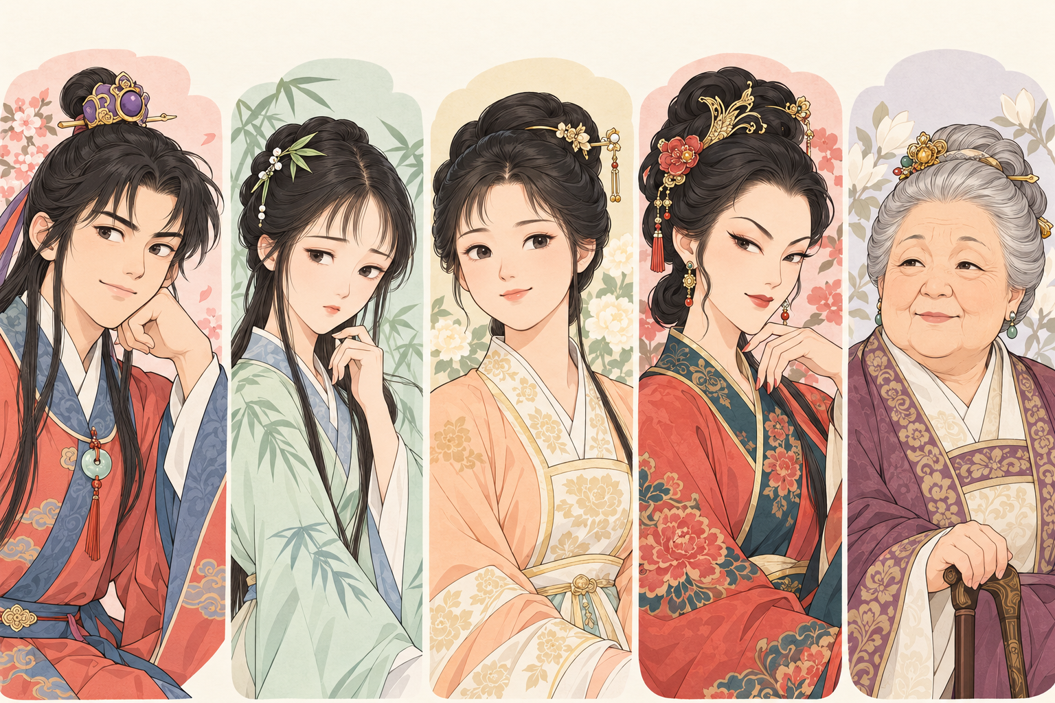 宝玉、黛玉、宝钗、王熙凤、贾母五张不同面孔的轻漫画人物图